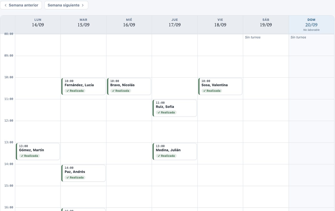 Agenda semanal (datos de ejemplo)