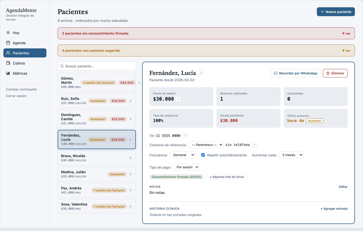 Ficha de paciente en AgendaMente (datos de ejemplo)